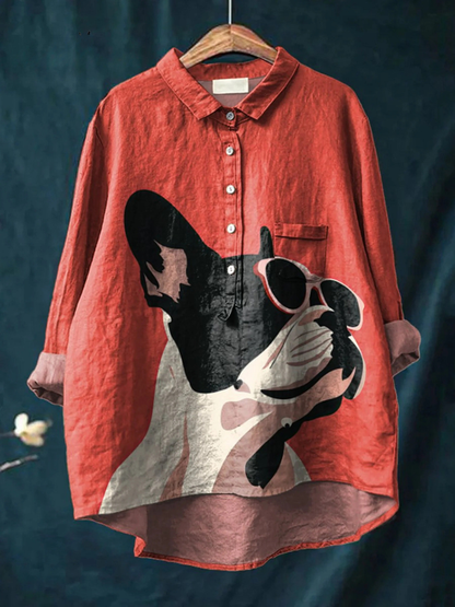 Decorative Pattern of French Bulldog Wearing Sunglasses On Red Background Casual Shirt