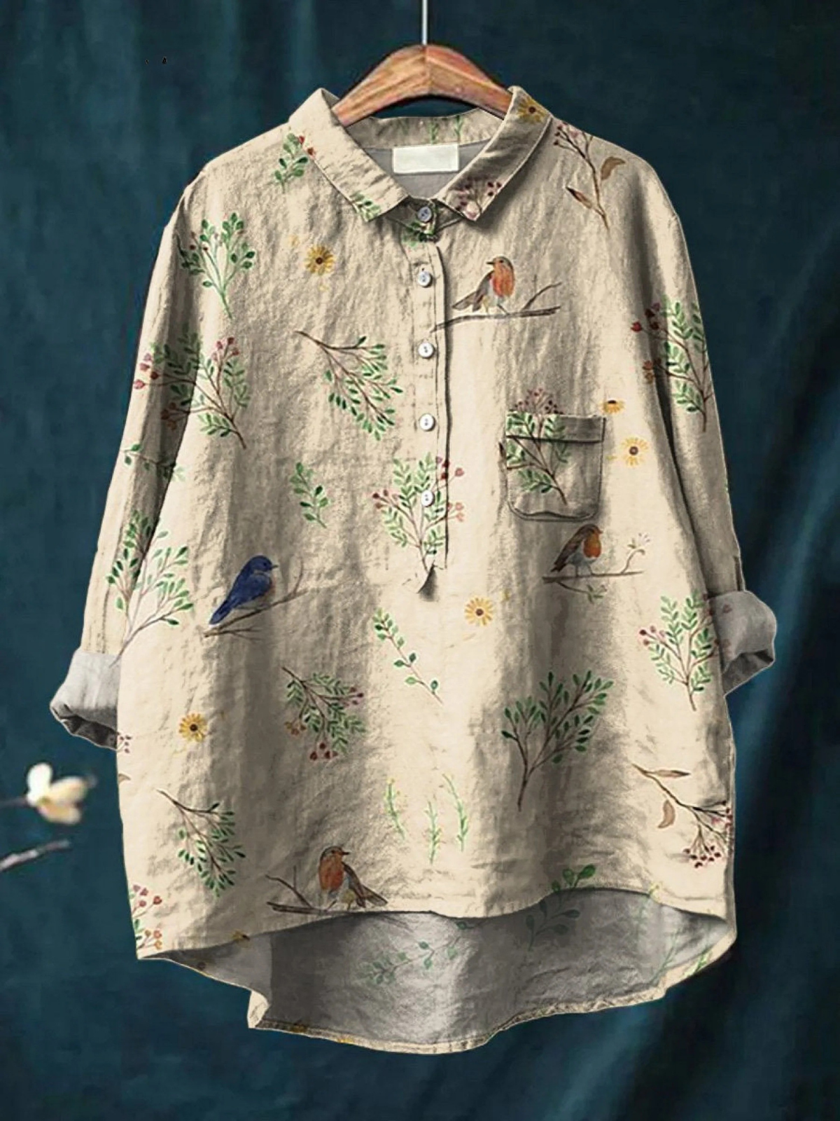Boughs And Robin Birds Pattern Printed Women's Casual Shirt