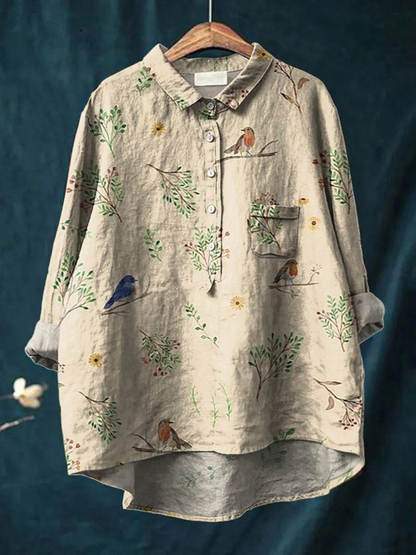 Boughs And Robin Birds Pattern Printed Women's Casual Shirt