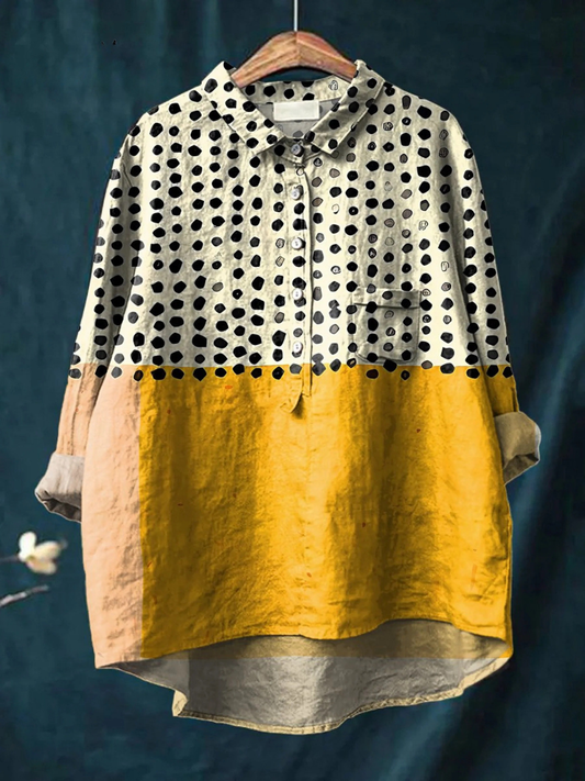 Women's Yellow Color-blocked Dots Print Casual Shirt